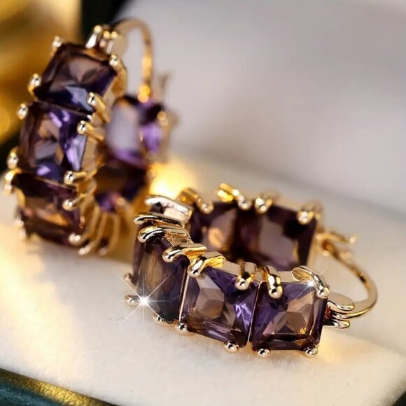 Gold Tone Huggie Earrings w/ Purple Princess Cut Stones and Tons of Bling #1493 - Picture 2 of 4